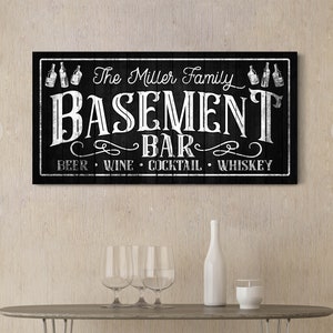 Personalized Basement Bar Sign, Custom Bar Sign, Man Cave Lounge Decor, Garage Wall Hangings, Rustic Family Bar Canvas Decor, Downstairs Pub