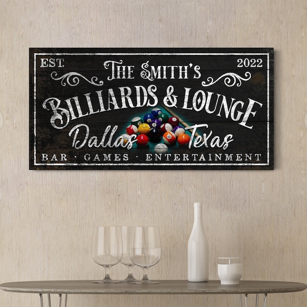 Personalized Billiards Sign Basement Bar & Lounge Last Name Pool Hall Table Modern Farmhouse Wall Decor  Rustic Vintage Wall Art Canvas Art