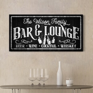 Personalized Bar & Lounge Sign, Rustic Lounge Decor, Custom Man Cave Decor, Garage and Basement Wall Art, Modern Farmhouse Bar Canvas Sign