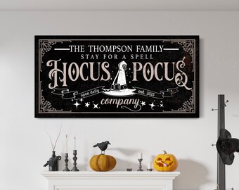 Personalized Hocus Pocus Co. Sign, Stay for a Spell Sign, Halloween Home Decor, Autumn & Fall Wall Art, Creepy Medieval Broom Witch Wall Art