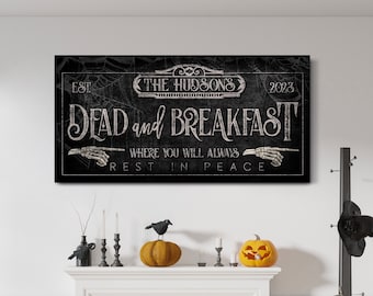 Personalized Dead & Breakfast Sign, Sleepy Hollow Bedroom Halloween Decor, Spooky Vintage Fall Decor, Rustic Halloween Farmhouse Canvas Art