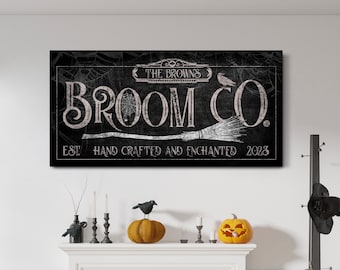 Personalized Broom Co. Sign, Spooky Halloween Decor, Handcrafted Wicked Broom Sign, Gothic Witchy Farmhouse Decor, Vintage Scary Canvas Art