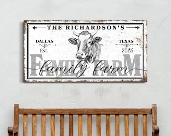 Personalized Family Farm Sign, Custom Farmhouse Wall Art With Family Name, Cattle Ranch Entryway Wall Decor, Rustic Farm Cow Canvas Print