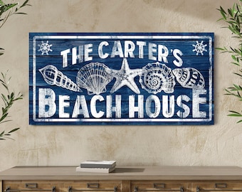 Personalized Beach House Sign, Retro Coastal Summer Beach House Wall Decor, Custom Family Name Sign, Rustic Farmhouse Nautical Canvas Decor