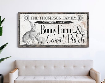 Gepersonaliseerde Bunny Farm Sign, Custom Carrot Patch Wall Art, Easter Egg & Bunny Sign, Rustieke Boerderij Muur Decor, Vintage Canvas Print