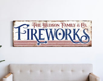 Custom Fireworks Sign, Vintage Patriotic Family Wall Decor, Rustic 4th Of July Wall Art, Farmhouse Wall Hanging, Living Room Canvas Print