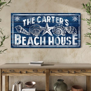 Personalized Beach House Sign, Retro Coastal Summer Beach House Wall Decor, Custom Family Name Sign, Rustic Farmhouse Nautical Canvas Decor