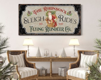 Custom Sleigh Rides Sign, Flying Reindeer Co. Vintage Winter Xmas Décor, Santa Claus Christmas Wall Art, Family Name Sign, Farmhouse Decor