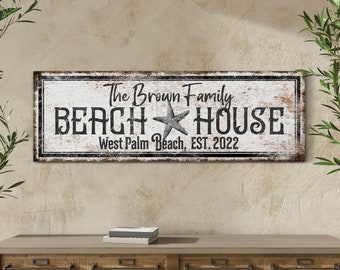 Custom Beach House With Family Name Beach Life Cabin Sign Rustic Beach House Wall Decor Porch Wall Art Beach Themed Large Canvas Wall Art