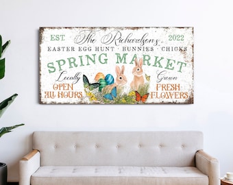 Gepersonaliseerd lentemarktbord, paasei & konijntje wanddecoratie, buitenmuurophanging, rustieke boerderij paasdecor, vintage canvas print