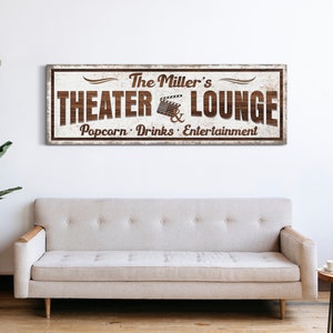 Personalized Theater And Lounge Sign with Family Name Movie Room Wall Decor TV Room Wall Art Game Movie Room Decor Large Canvas Wall Art