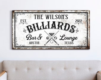 Custom Billiards Sign Bar & Lounge Sign Modern Farmhouse Wall Decor Sign Rustic Canvas Print Art 8-Ball Sign Pool Room Sign