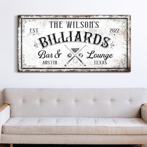 Custom Billiards Sign Bar & Lounge Sign Modern Farmhouse Wall Decor Sign Rustic Canvas Print Art 8-Ball Sign Pool Room Sign