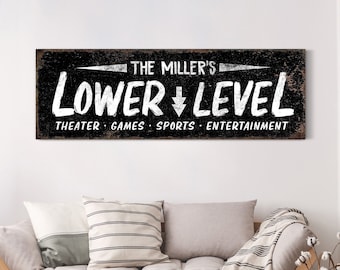 Lower Level Sign, Basement Sign, Lounge Decor, Movie Room Decor, Man Cave & Game Room Decor, Vintage Farmhouse Wall Art, Rustic Canvas Art