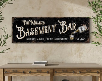 Gepersonaliseerde kelder Bar teken aangepaste familienaam ondergrondse Bar teken rustieke Bar teken kelder muur decor Home decor rustieke canvas kunst aan de muur