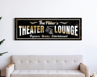Personalized Theater and Lounge Sign with Family Name Movie Room Wall Decor Modern Farmhouse Home Theater Sign Basement Sign Canvas Wall Art