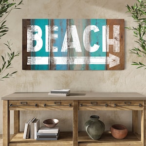 Beach Sign With Arrow, Beach House Sign, Beach House Wall Decor, Summer Cottage Decor, Vintage Coastal Wall Art, Farmhouse Beach Canvas Art
