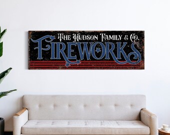 Personalized Fireworks Sign, Custom Family Name Wall Art, Vintage Patriotic Wall Decor, Retro Independence Day Decor, 4th Of July Canvas Art