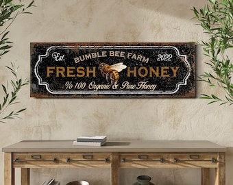 Aangepaste verse honing teken Bumble Bee boerderij teken rustieke keuken muur decor Honey Bee decor biologische honing boerderij teken Bee Hive print canvas kunst
