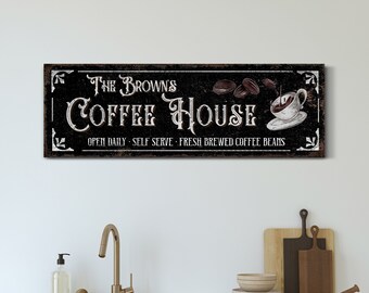 Gepersonaliseerde koffiehuis teken familienaam koffie teken koffieshop keuken muur decor keuken muur kunst open dagelijkse grote print canvas