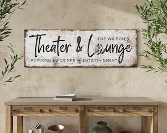 Custom Theater And Lounge Sign With Family Name Farmhouse Sign Basement Wall Decor Movie Room Sign Living Room Wall Art Large Canvas Art