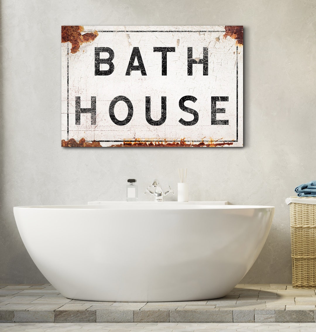 Rustic Bath Sign Bath House Sign Rustic Home Decor Distressed Print White Background ...