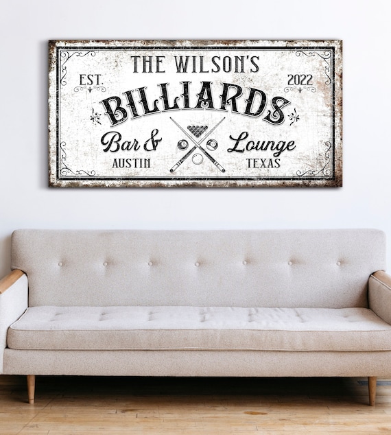 Custom Billiards Sign Bar & Lounge Sign Modern Farmhouse Wall Decor Sign Rustic Canvas Print Art 8-Ball Sign Pool Room Sign