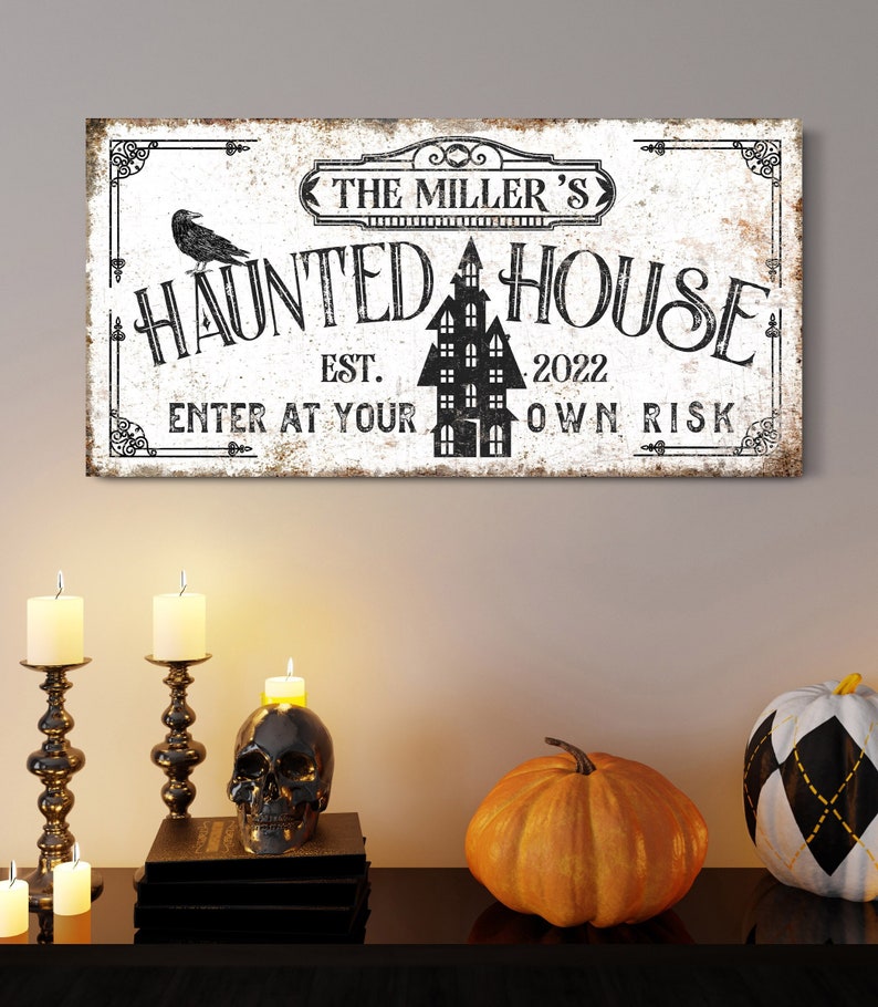 Haunted By Risk Personalized Haunted House Sign, Halloween Family Name Decor, Living ...