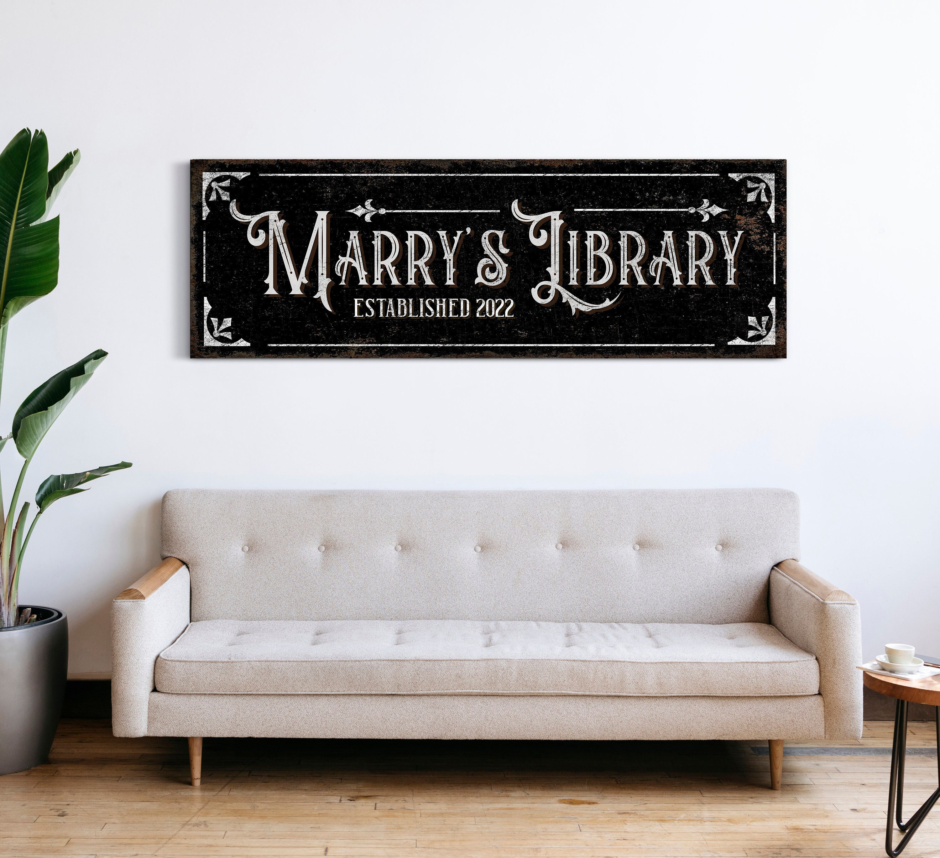 Personalized Library Sign Bookshelf Sign Teacher Gift Book Lovers Sign Bookworm Sign Book Club Decor Established Date Large Canvas Print
