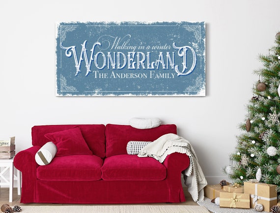 Personalized Walking In The Winter Wonderland Sign, Christmas Winter Holiday Wall Art, Vintage Xmas Family Name Sign, Farmhouse Canvas Decor