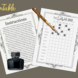 Puede incluir: Un rastreador de hábitos imprimible en blanco y negro con un borde decorativo. El rastreador incluye una fecha, los días de la semana y una lista de virtudes para rastrear. El rastreador está diseñado para ayudar a las personas a desarrollar buenos hábitos y romper los malos.