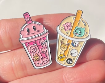 Handmade Kawaii Anime Kirby Boba Enamel Pins , Accessory, Gift