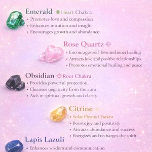 May include: A guide to crystals and their powers, featuring Emerald, Rose Quartz, Obsidian, Citrine, and Lapis Lazuli. Each crystal is shown with its associated chakra and benefits, such as promoting love, healing, and wisdom.