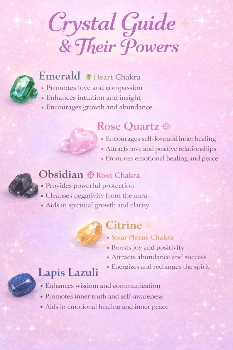 May include: A guide to crystals and their powers, featuring Emerald, Rose Quartz, Obsidian, Citrine, and Lapis Lazuli. Each crystal is shown with its associated chakra and benefits, such as promoting love, healing, and wisdom.