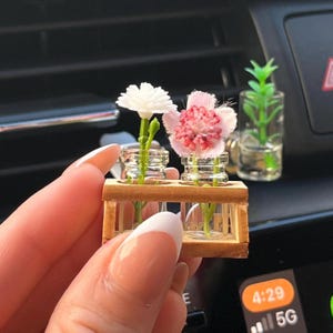 May include: Miniature car air vent clip with a wooden holder and two small glass vases, each holding a flower. One flower is white, the other is pink. A third vase with a green plant is also visible.