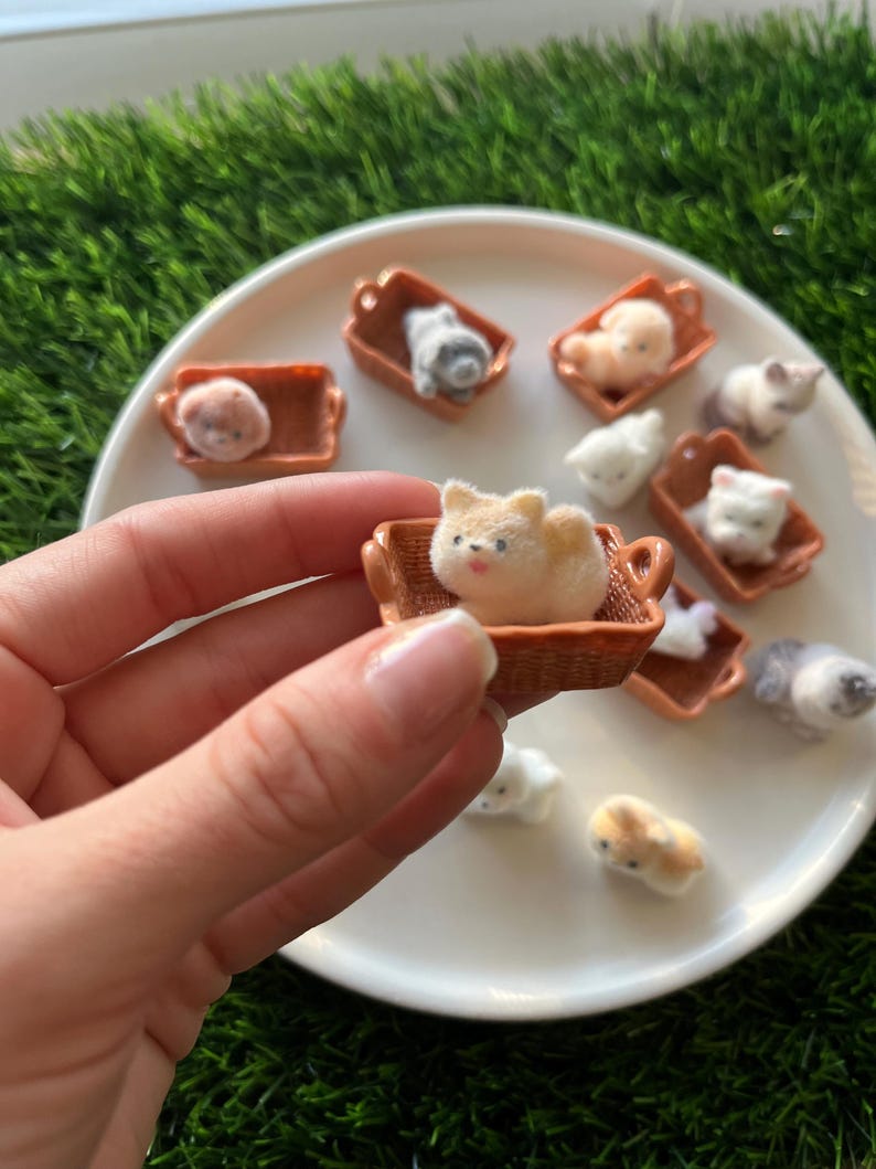 Puede incluir: Una colecci&oacute;n de figuras de gatos en miniatura en peque&ntilde;as cestas marrones, expuestas en un plato blanco. Los gatos son de varios colores, incluyendo blanco, gris y beige. La imagen est&aacute; tomada desde una perspectiva de primer plano, destacando los detalles de las figuras.