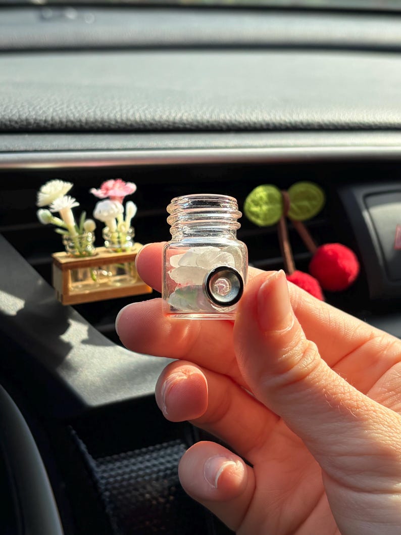 May include: A small, clear glass jar with a black and silver object inside, held in a hand. The jar is in focus, with a blurred background featuring a car's dashboard and decorative items, including a miniature wooden display with flowers.