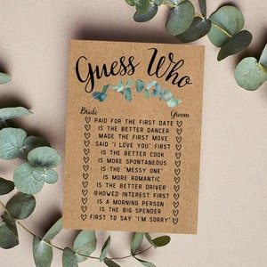Printed Guess Who Bride or Groom Bridal Shower Game Printed Wedding Shower Game
