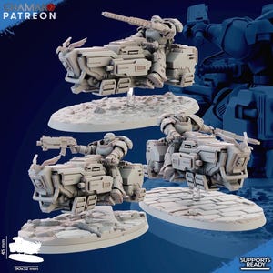Może przedstawiać: Zestaw jasnoszarych miniaturowych modeli science-fiction przedstawiających opancerzone postacie na futurystycznych pojazdach. Modele są zamontowane na teksturowanych podstawach. Obraz zawiera tekst "CHAMAKO PATREON" i "SUPPORTS READY".
