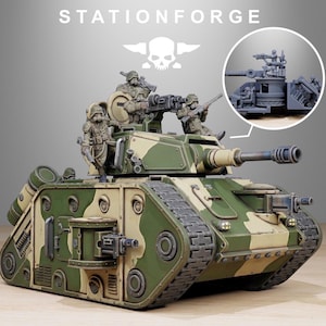 May include: A detailed model military tank with a green and tan camouflage pattern. The tank has a long gun barrel and several soldiers with weapons on top. The text "STATIONFORGE" and a skull logo are visible.