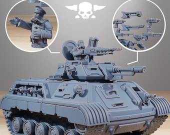 May include: A gray model tank with multiple gun barrels and a detailed design. The image includes close-ups of a soldier figure and various weapon attachments. The text "STATIONFORGE" and a skull logo are visible at the top.