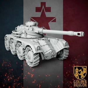 Puede incluir: Modelo detallado en gris claro de un tanque con un cañón largo y múltiples ruedas. El tanque está sobre un fondo de una bandera con una estrella roja. El logotipo de Golden Dragon Games está en la esquina inferior derecha.