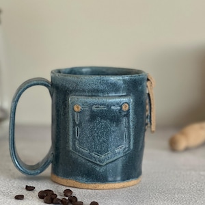 Handmade Denim Ceramic Coffee Mug | Blue Jeans Pottery Cup, 12 oz