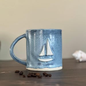 Handmade Coastal Ceramic Mug | Nautical Sailboat Pottery Cup, 12 oz