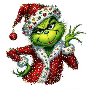 Könnte beinhalten: Cartoon-Illustration einer grünen Figur mit verschmitztem Grinsen, die einen roten Weihnachtsmann-Anzug und -Hut mit bunten Ornamenten trägt. Das Fell der Figur ist grün, und das Outfit ist mit weißem Fell besetzt.
