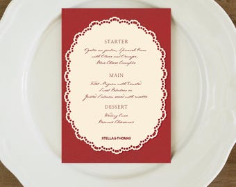 European Wedding Menu Template | Burgundy Lace Menu Card | Luxury Wedding Reception Sign | Canva Download