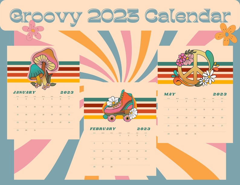 Groovy 70s Themed 2023 Calendar With Memo Section Etsy