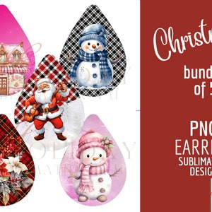 Orecchini PNG di Natale BUNDLE /disegni modello a goccia / Babbo Natale / Omino di pan di zenzero / Gnomo / Pupazzo di neve / Vacanze / Plaid a quadretti / Fiocchi di neve