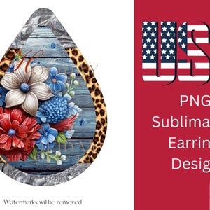 USA Patriotic Floral Leopard Earring PNG | July 4 earring template | Holiday teardrop | 4th of July sublimation earrings | western earrings