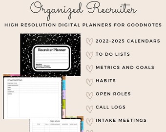 May include: A digital planner for recruiters with a black and white notebook cover. The planner includes sections for intake meetings, open roles, call logs, habits, metrics and goals, to do lists, and notes. The planner is compatible with GoodNotes.